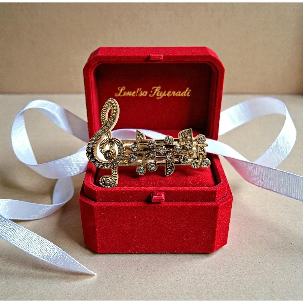 Gold Tone Musical Note Treble Clef Rhinestone Brooch Pin Music Gift‎ with Box